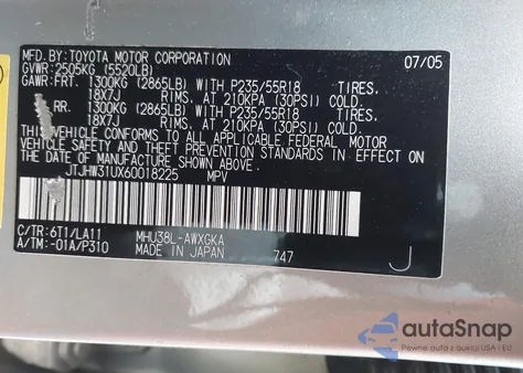 2006 Lexus Rx 400H 400 from USA, damaged, VIN JTJHW31UX60018225